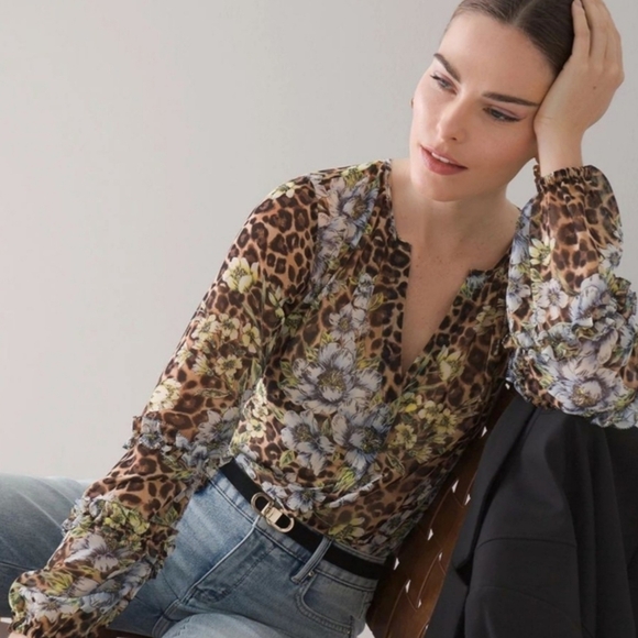 White House Black Market Leopard Floral Chiffon Blouse M - Picture 4 of 12